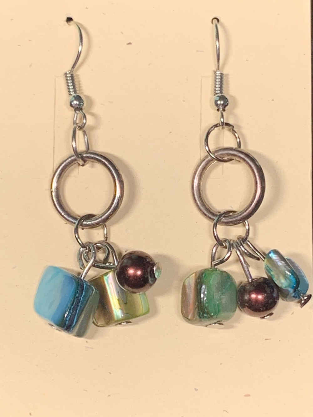 Silver Multi-Bead Dangle Earrings with Blue and Green Accents